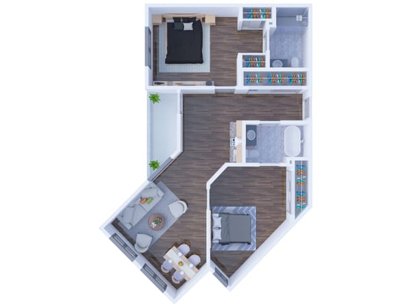 Architectural floor plan of a two-bedroom suite