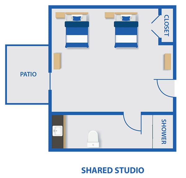Architectural floor plan of a shared studio apartment