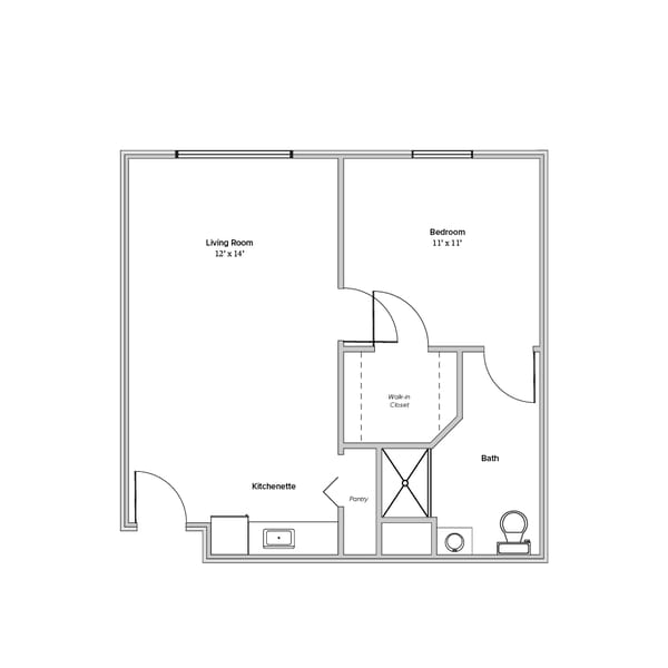 Architectural floor plan of a one-bedroom apartment