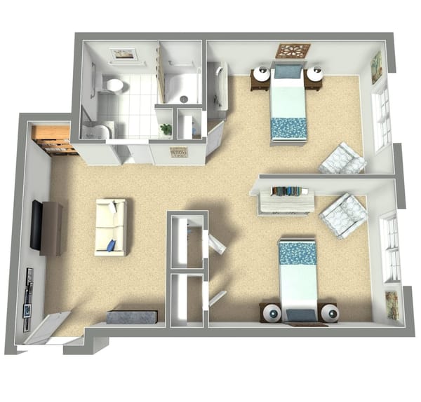 Interior floor plan layout of a room with two beds