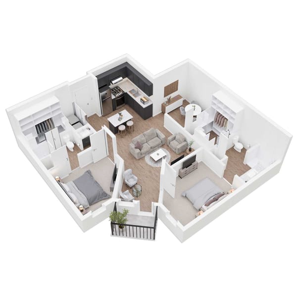 The Views at Lake Havasu, independent living in Lake Havasu City, AZ — 3D floor plan of a two-bedroom apartment layout