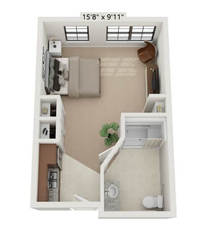 Layout of a private resident room with furnishings