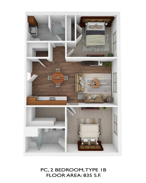 Architectural floor plan of a two-bedroom layout