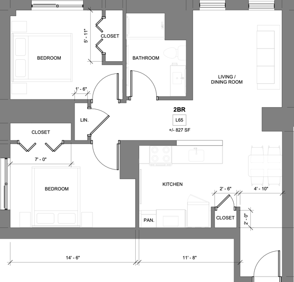 Architectural floor plan of a two-bedroom layout