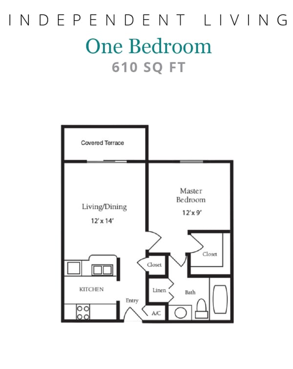 Architectural floor plan of a one-bedroom unit