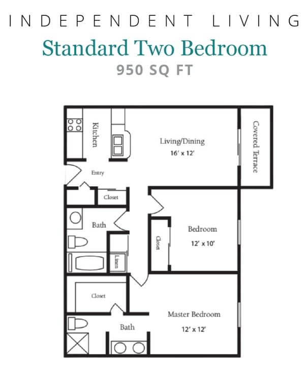 Architectural floor plan of a two-bedroom unit