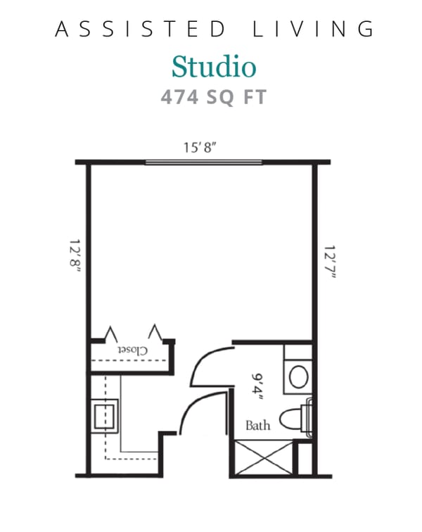 Architectural floor plan of a studio apartment