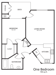 Architectural floor plan of a one-bedroom unit
