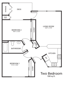 Architectural floor plan of a two-bedroom unit