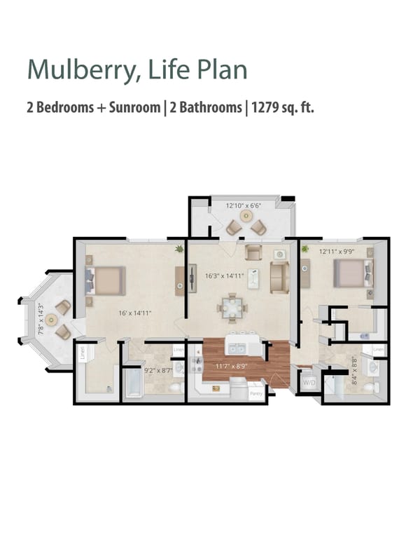 Clermont Park, Nursing Home in Denver, CO — Floor plan of a two-bedroom apartment layout