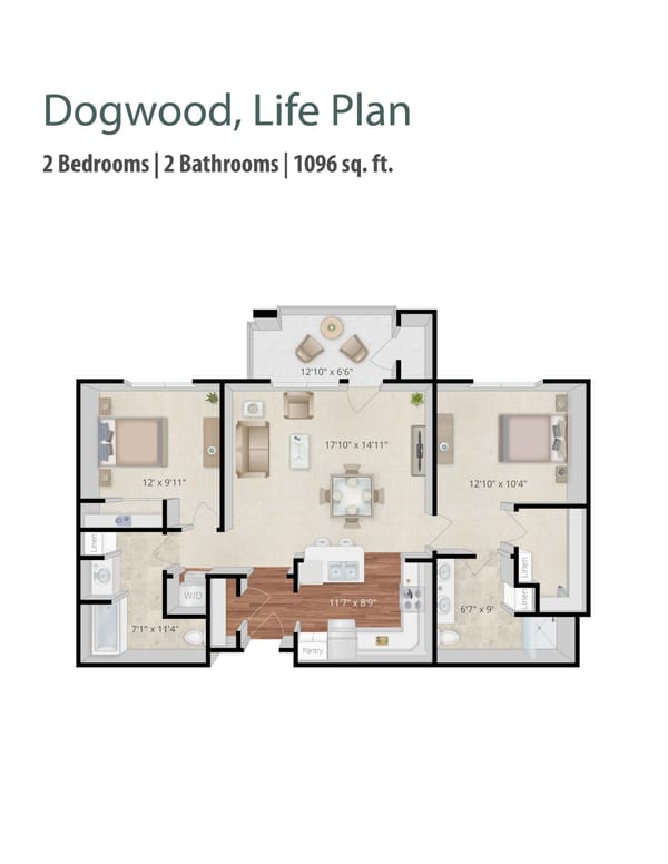 Clermont Park, Nursing Home in Denver, CO — Floor plan of a two-bedroom, two-bathroom apartment