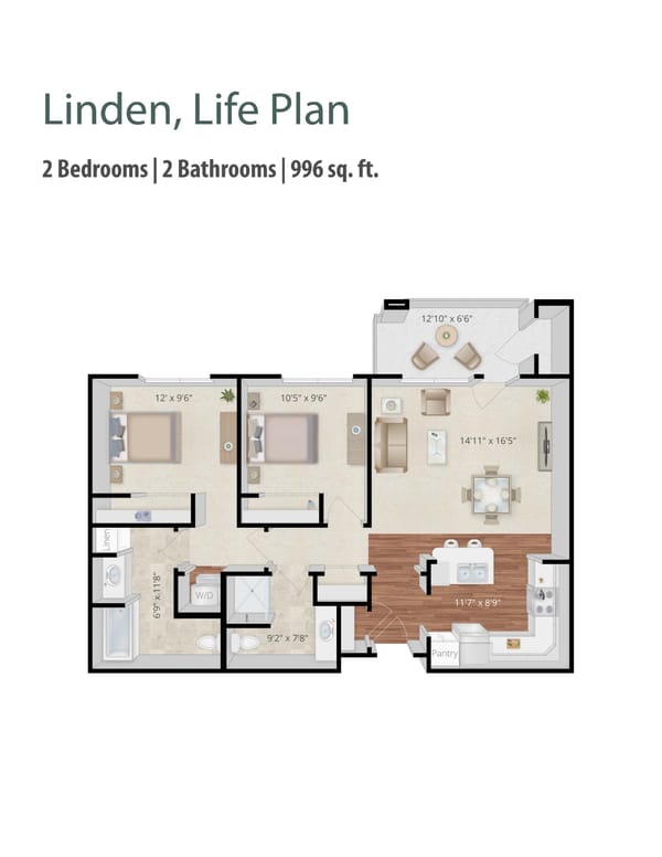 Clermont Park, Nursing Home in Denver, CO — Floor plan of a two-bedroom, two-bathroom apartment