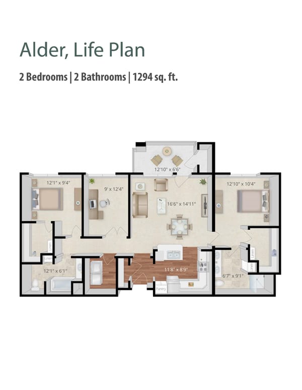 Clermont Park, Nursing Home in Denver, CO — Floor plan of a two-bedroom senior living apartment