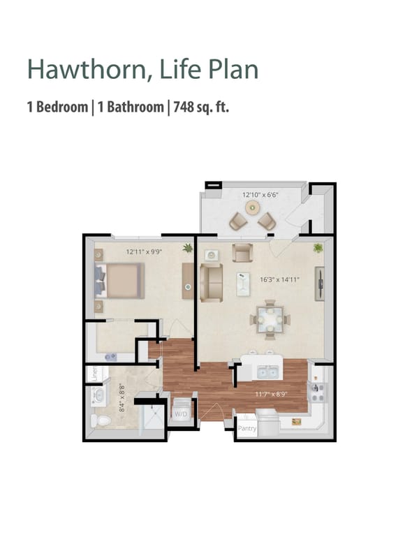 Clermont Park, Nursing Home in Denver, CO — 1-bedroom, 1-bathroom floor plan layout