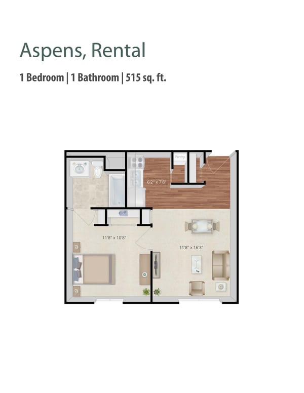 Clermont Park, Nursing Home in Denver, CO — 1 Bedroom, 1 Bathroom floor plan for rental unit