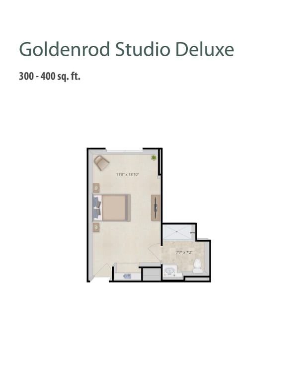 Clermont Park, Nursing Home in Denver, CO — Floor plan of the Goldenrod Studio Deluxe apartment
