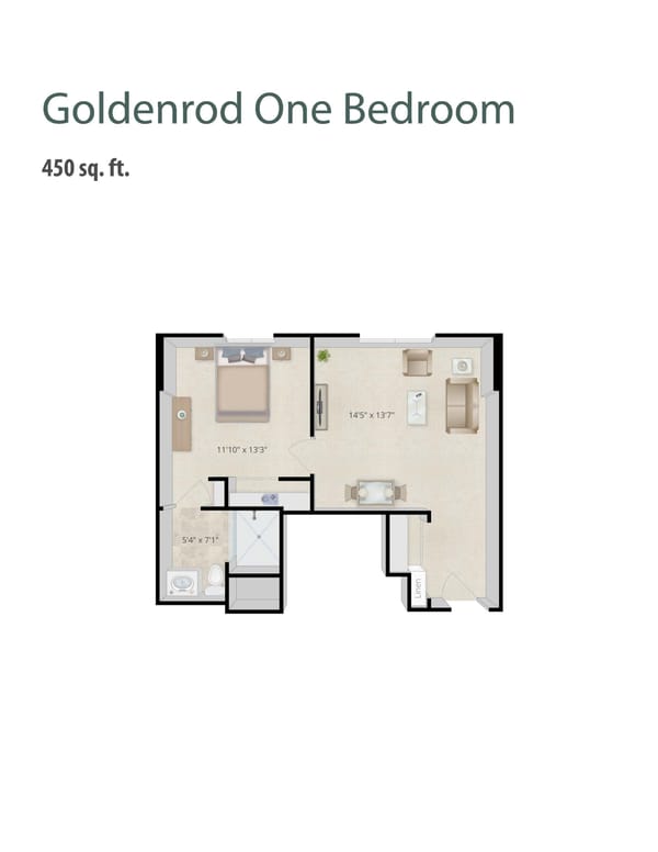 Clermont Park, Nursing Home in Denver, CO — Floor plan of a one-bedroom apartment layout