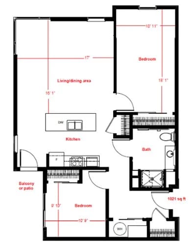 Crossing Pointe North Apartments, Nursing Home in Thornton, CO — Floor plan of a two-bedroom apartment layout