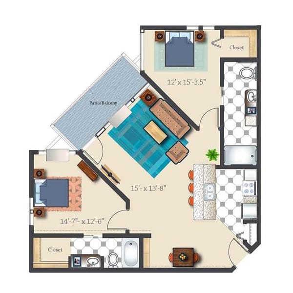 Two Bedroom 1072 sq. ft. Retirement Suite