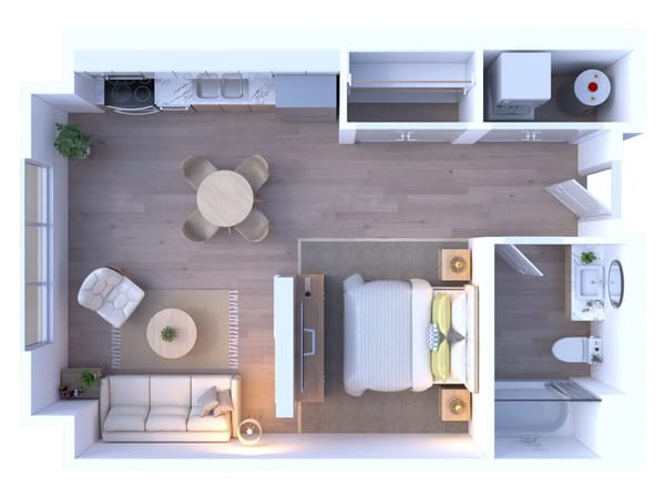 Interior view of a furnished apartment layout