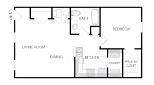 Architectural floor plan of a one-bedroom unit