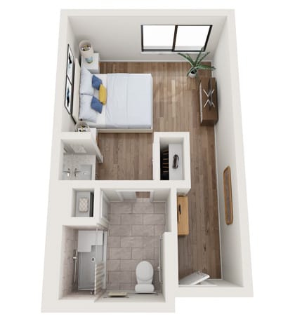 A bedroom layout with bed and furniture