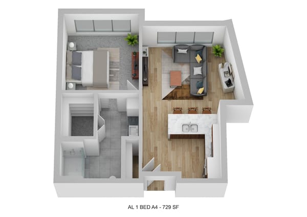 Floor plan of a one-bedroom assisted living unit