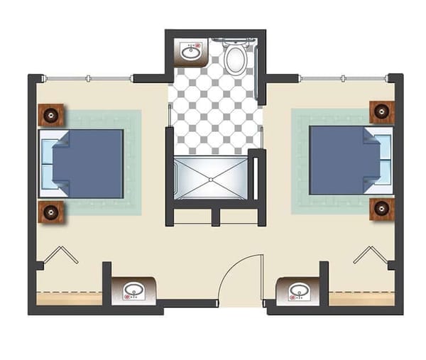 Architectural floor plan of a two-bedroom layout