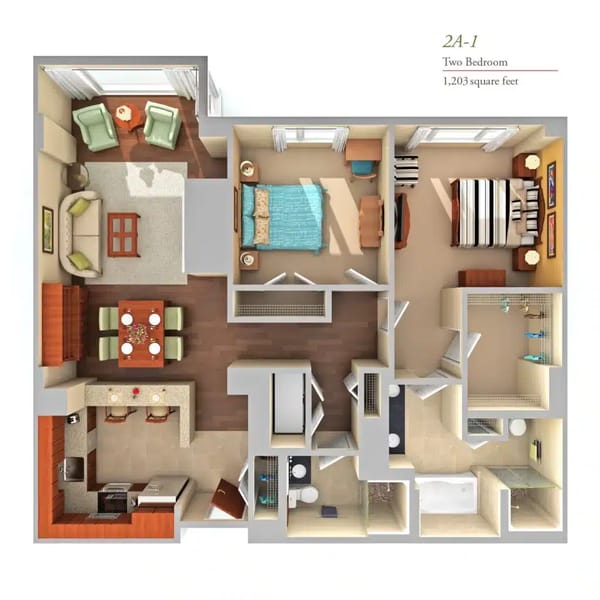 Architectural floor plan of a two-bedroom unit