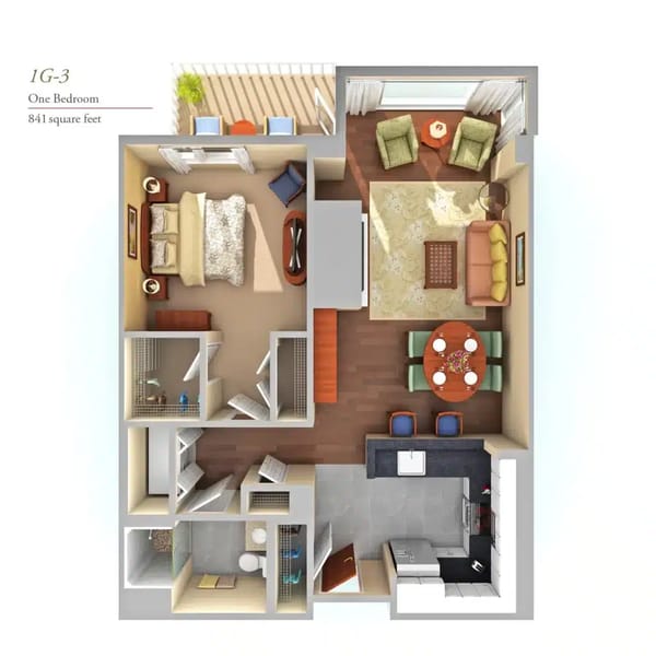 Architectural floor plan of a one-bedroom unit