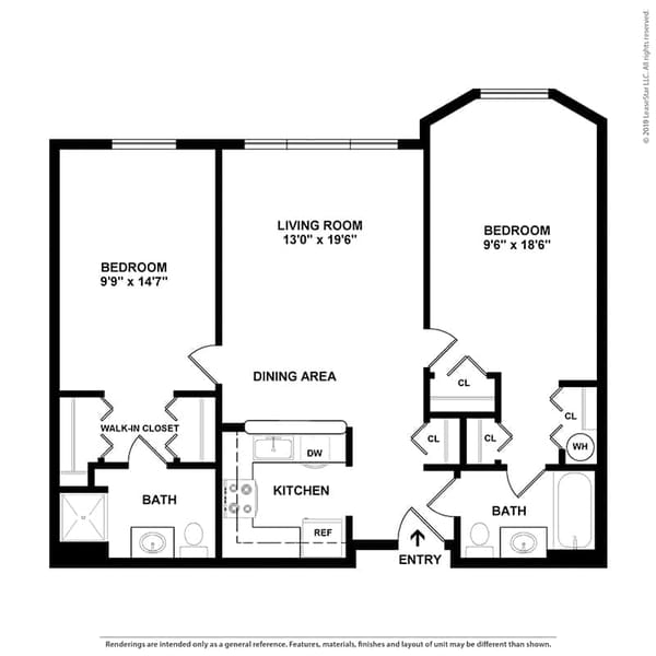 Architectural floor plan of a two-bedroom unit