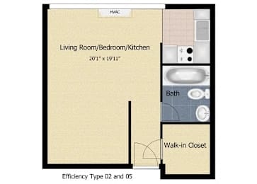 A floor plan of a living room, bedroom, and kitchen with a bath and walk-in clos