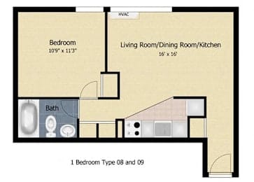 A floor plan of a one bedroom apartment with a bathroom and a living area.