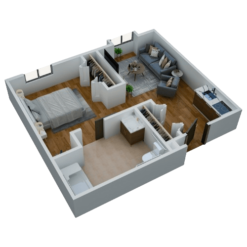 3D floor plan of a resident room layout
