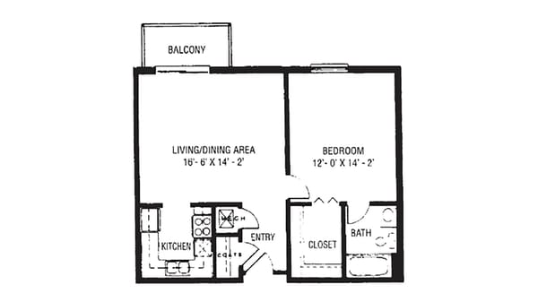 Covenant Woods, Nursing Home in Mechanicsville, VA — Floor plan of a one-bedroom apartment with balcony