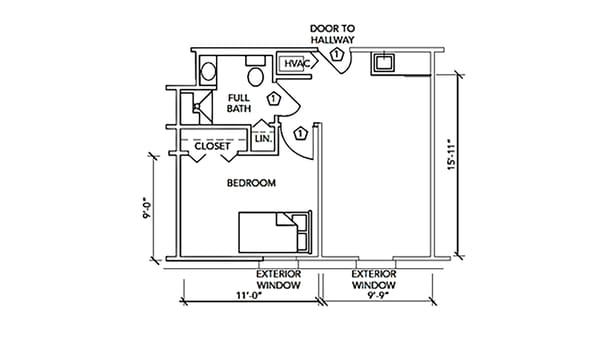 Covenant Woods, Nursing Home in Mechanicsville, VA — Floor plan of a one-bedroom apartment layout