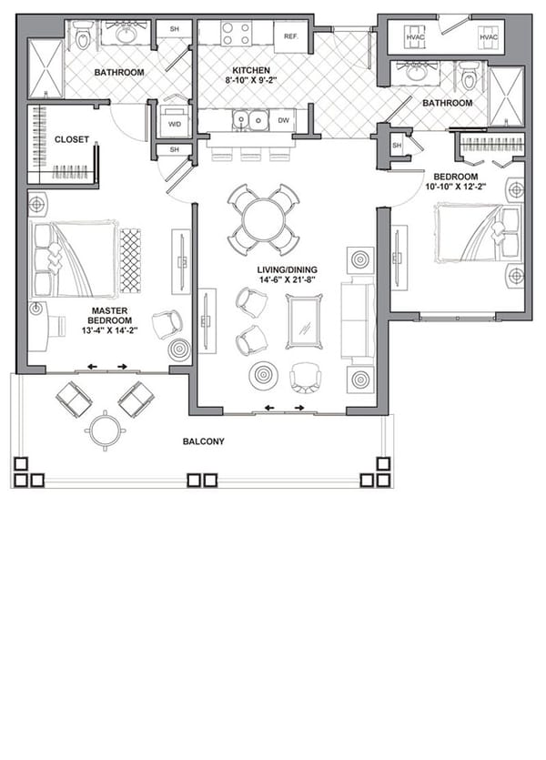 Architectural floor plan of a senior living unit