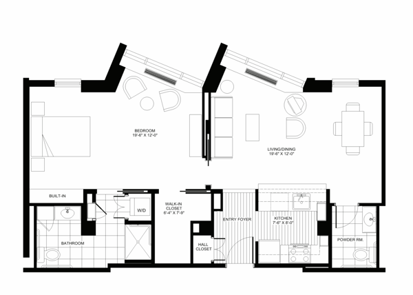 Architectural floor plan of a two-bedroom unit