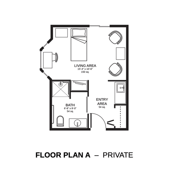 Architectural floor plan for a private room