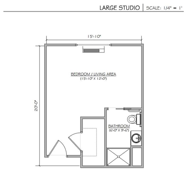 Architectural floor plan of a large studio unit