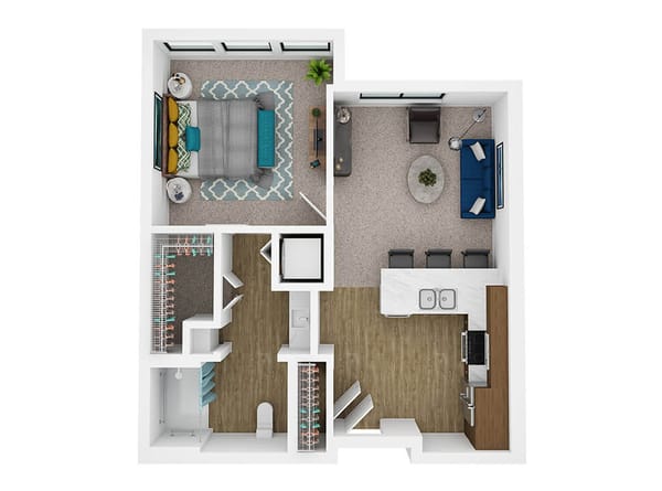 Architectural floor plan of a one-bedroom apartment