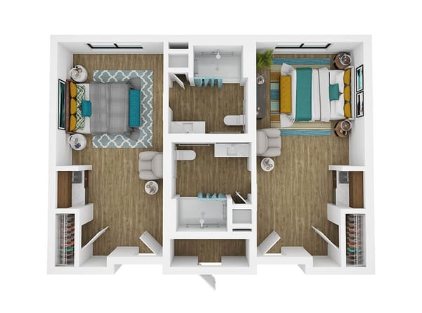 Floor plan of two-bedroom units in a senior living facility