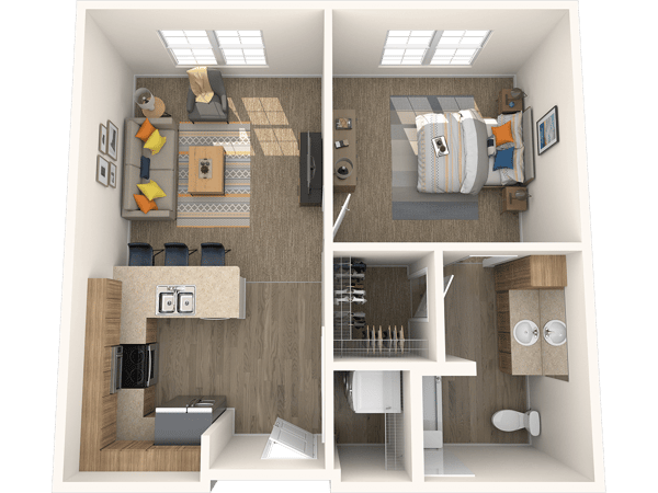 Floor plan of a senior living unit with living area and bedroom