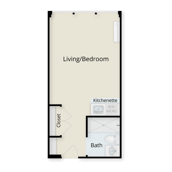 Architectural floor plan of a living/bedroom unit