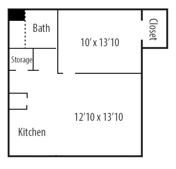 Architectural floor plan of a kitchen and bath layout