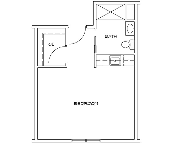 Architectural floor plan of a bedroom and bath