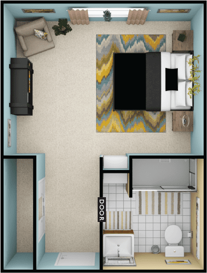 Floor plan of a private resident room with bathroom
