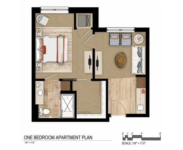 Trinity Woods, Inc, nursing home in Tulsa, OK — One-bedroom apartment floor plan with furniture layout