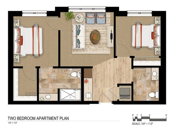 Trinity Woods, Inc, nursing home in Tulsa, OK — Two-bedroom apartment floor plan with labeled dimensions