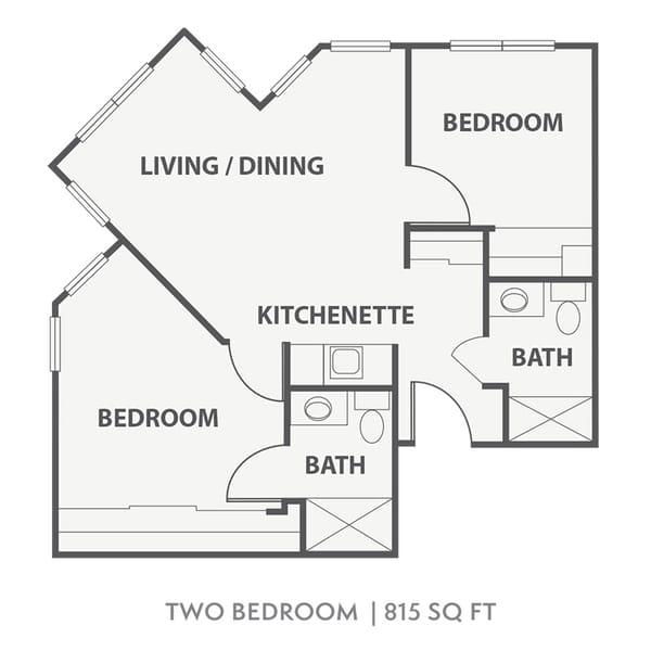 Architectural floor plan of a two-bedroom unit